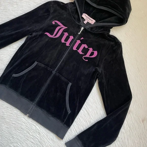Juicy Couture 2012 velour Black full zip Hoodie with Pink glittery Logo - Picture 10 of 15